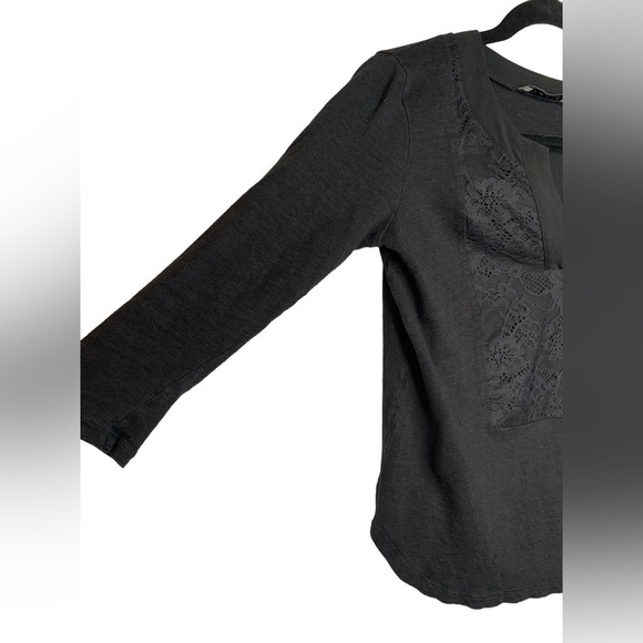 Sandro Paris Black Line Split V Neck 3/4 Sleeve Blouse Lace Applique Size 1 - Picture 7 of 13